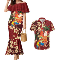 Crimson Red Tropical Christmas Hawaii Tapa Couples Matching Mermaid Dress and Hawaiian Shirt Aloha Santa Drink Party LT7 Red - Polynesian Pride