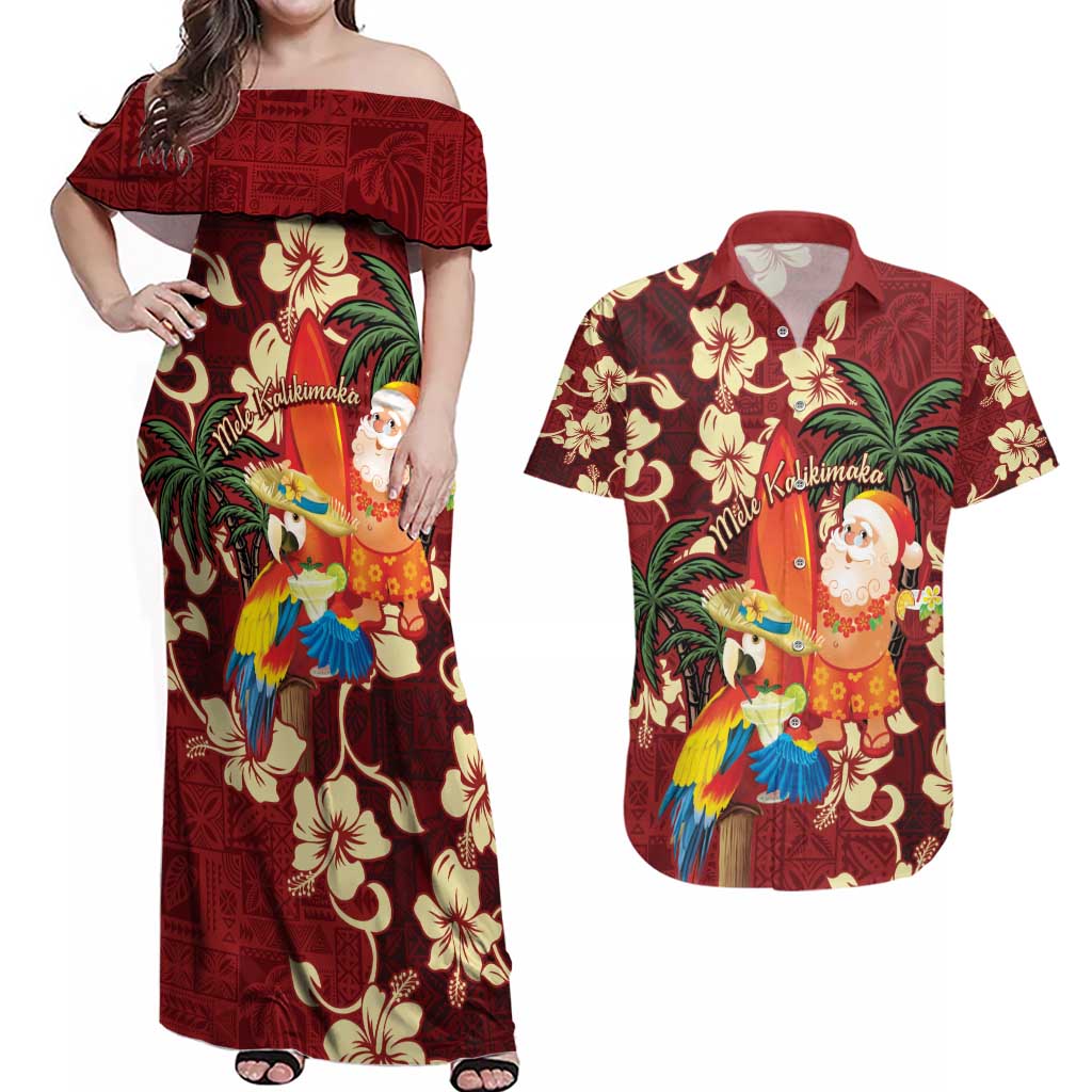 Crimson Red Tropical Christmas Hawaii Tapa Couples Matching Off Shoulder Maxi Dress and Hawaiian Shirt Aloha Santa Drink Party LT7 Red - Polynesian Pride
