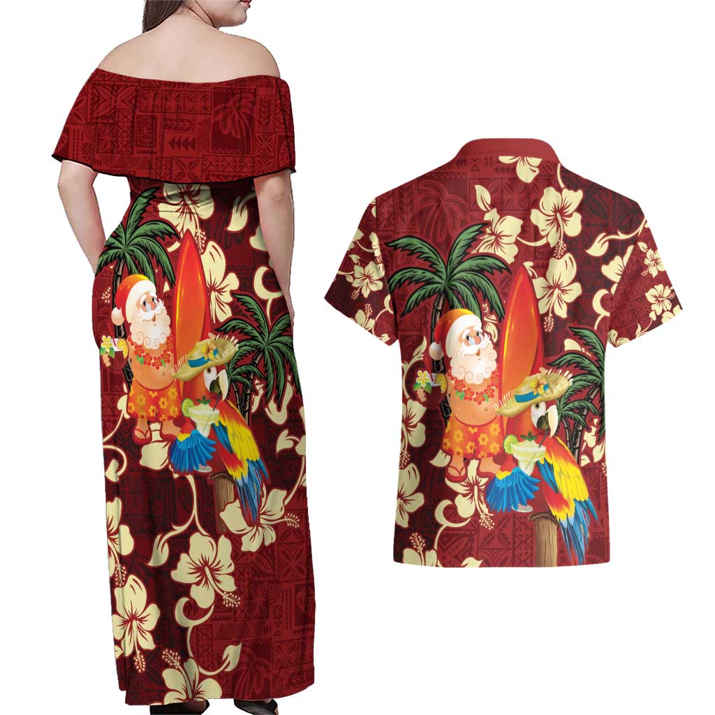 Crimson Red Tropical Christmas Hawaii Tapa Couples Matching Off Shoulder Maxi Dress and Hawaiian Shirt Aloha Santa Drink Party LT7 - Polynesian Pride