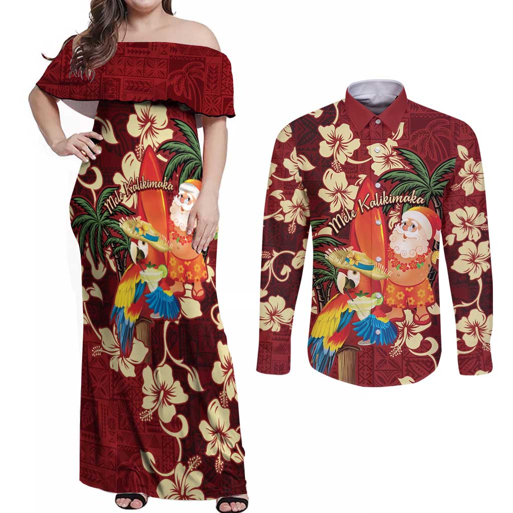 Crimson Red Tropical Christmas Hawaii Tapa Couples Matching Off Shoulder Maxi Dress and Long Sleeve Button Shirt Aloha Santa Drink Party LT7 Red - Polynesian Pride