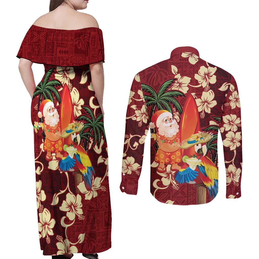 Crimson Red Tropical Christmas Hawaii Tapa Couples Matching Off Shoulder Maxi Dress and Long Sleeve Button Shirt Aloha Santa Drink Party LT7 - Polynesian Pride