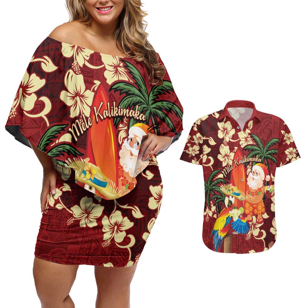 Crimson Red Tropical Christmas Hawaii Tapa Couples Matching Off Shoulder Short Dress and Hawaiian Shirt Aloha Santa Drink Party LT7 Red - Polynesian Pride