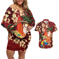 Crimson Red Tropical Christmas Hawaii Tapa Couples Matching Off Shoulder Short Dress and Hawaiian Shirt Aloha Santa Drink Party LT7 Red - Polynesian Pride