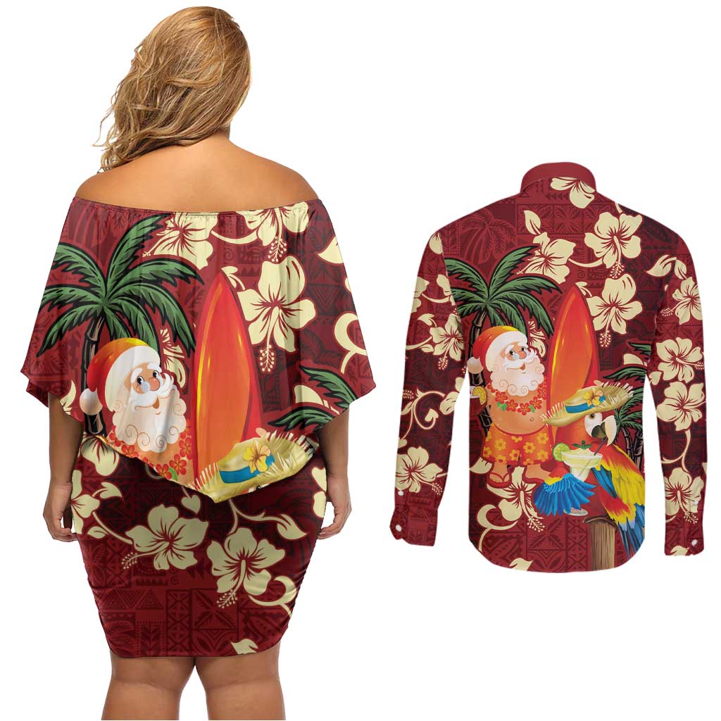 Crimson Red Tropical Christmas Hawaii Tapa Couples Matching Off Shoulder Short Dress and Long Sleeve Button Shirt Aloha Santa Drink Party LT7 - Polynesian Pride
