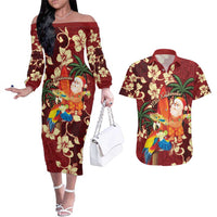 Crimson Red Tropical Christmas Hawaii Tapa Couples Matching Off The Shoulder Long Sleeve Dress and Hawaiian Shirt Aloha Santa Drink Party LT7 Red - Polynesian Pride