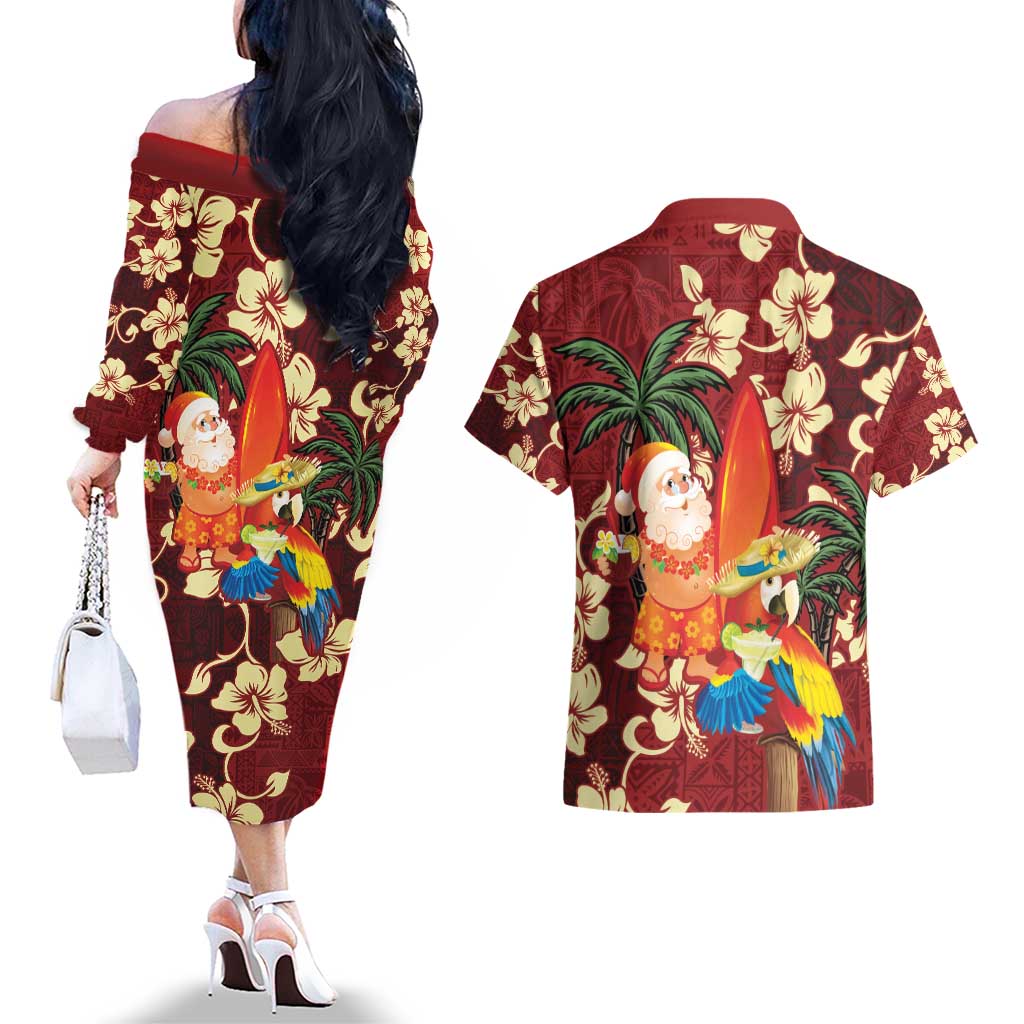 Crimson Red Tropical Christmas Hawaii Tapa Couples Matching Off The Shoulder Long Sleeve Dress and Hawaiian Shirt Aloha Santa Drink Party LT7 - Polynesian Pride