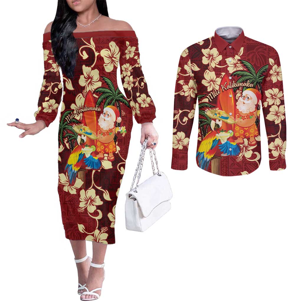 Crimson Red Tropical Christmas Hawaii Tapa Couples Matching Off The Shoulder Long Sleeve Dress and Long Sleeve Button Shirt Aloha Santa Drink Party LT7 Red - Polynesian Pride