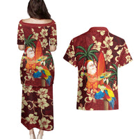 Crimson Red Tropical Christmas Hawaii Tapa Couples Matching Puletasi and Hawaiian Shirt Aloha Santa Drink Party LT7 - Polynesian Pride
