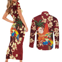 Crimson Red Tropical Christmas Hawaii Tapa Couples Matching Short Sleeve Bodycon Dress and Long Sleeve Button Shirt Aloha Santa Drink Party LT7 - Polynesian Pride