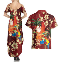 Crimson Red Tropical Christmas Hawaii Tapa Couples Matching Summer Maxi Dress and Hawaiian Shirt Aloha Santa Drink Party LT7 - Polynesian Pride