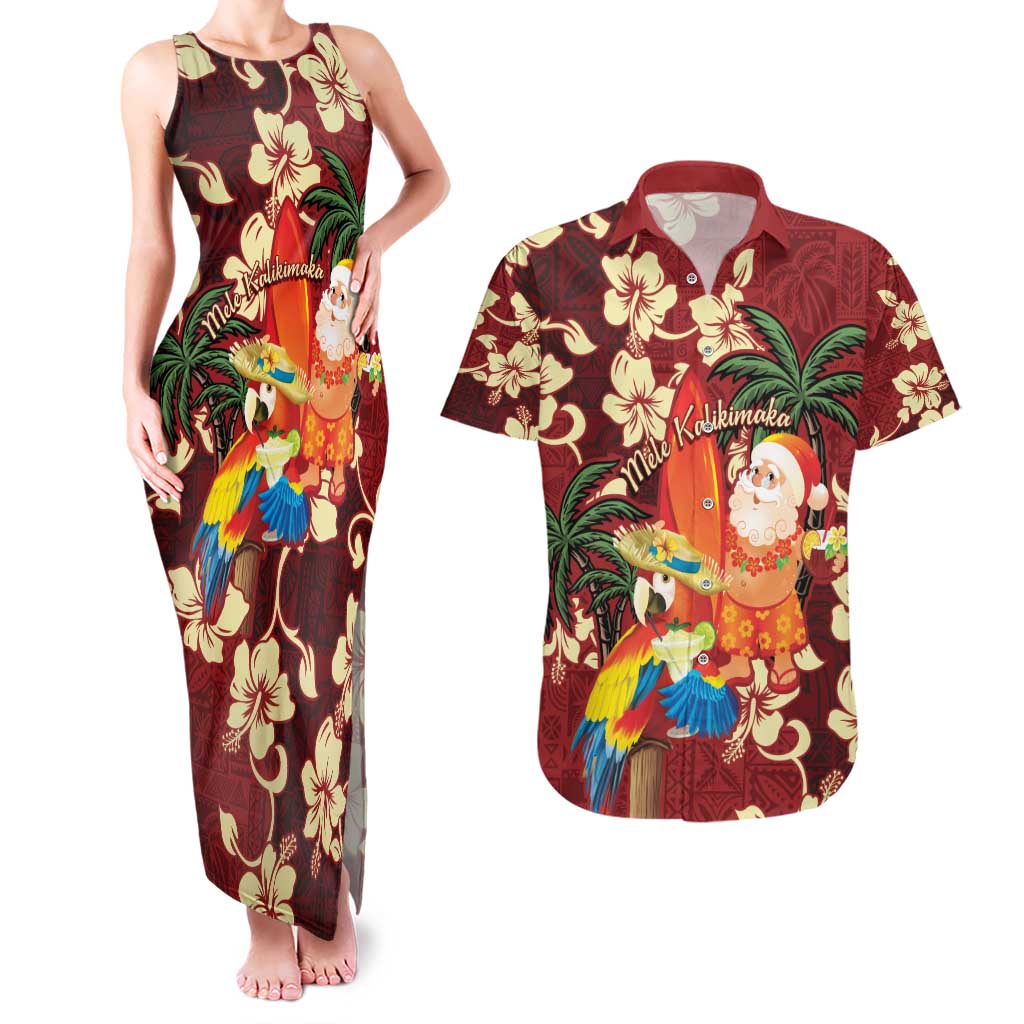 Crimson Red Tropical Christmas Hawaii Tapa Couples Matching Tank Maxi Dress and Hawaiian Shirt Aloha Santa Drink Party LT7 Red - Polynesian Pride