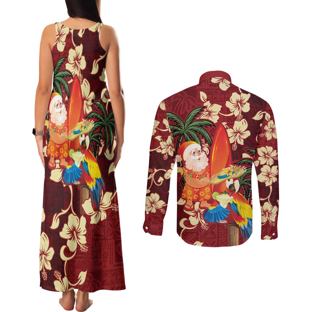 Crimson Red Tropical Christmas Hawaii Tapa Couples Matching Tank Maxi Dress and Long Sleeve Button Shirt Aloha Santa Drink Party LT7 - Polynesian Pride