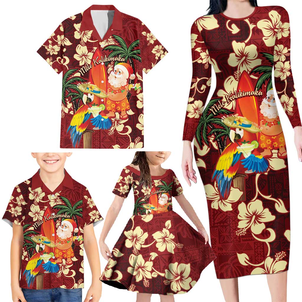 Crimson Red Tropical Christmas Hawaii Tapa Family Matching Long Sleeve Bodycon Dress and Hawaiian Shirt Aloha Santa Drink Party LT7 - Polynesian Pride