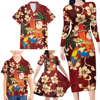 Crimson Red Tropical Christmas Hawaii Tapa Family Matching Long Sleeve Bodycon Dress and Hawaiian Shirt Aloha Santa Drink Party LT7 - Polynesian Pride