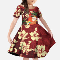 Crimson Red Tropical Christmas Hawaii Tapa Family Matching Mermaid Dress and Hawaiian Shirt Aloha Santa Drink Party LT7 Daughter's Dress Red - Polynesian Pride