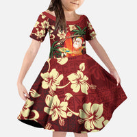 Crimson Red Tropical Christmas Hawaii Tapa Family Matching Off The Shoulder Long Sleeve Dress and Hawaiian Shirt Aloha Santa Drink Party LT7 Daughter's Dress Red - Polynesian Pride