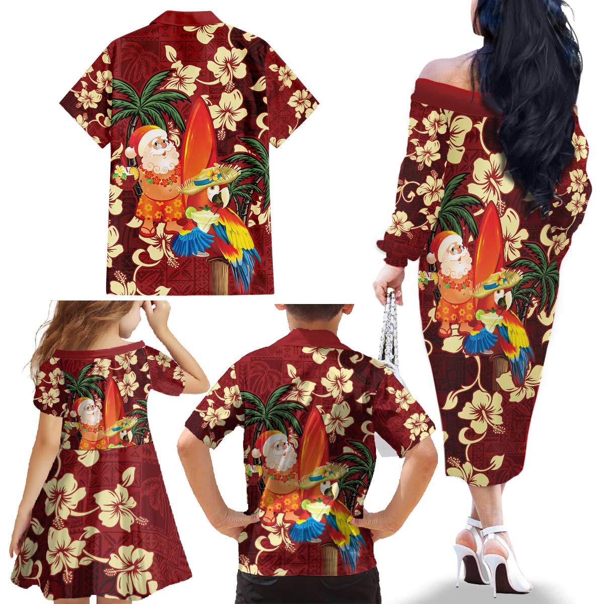 Crimson Red Tropical Christmas Hawaii Tapa Family Matching Off The Shoulder Long Sleeve Dress and Hawaiian Shirt Aloha Santa Drink Party LT7 - Polynesian Pride