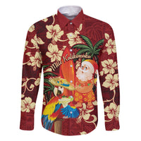 Crimson Red Tropical Christmas Hawaii Tapa Family Matching Off The Shoulder Long Sleeve Dress and Hawaiian Shirt Aloha Santa Drink Party LT7 Dad's Shirt - Long Sleeve Red - Polynesian Pride