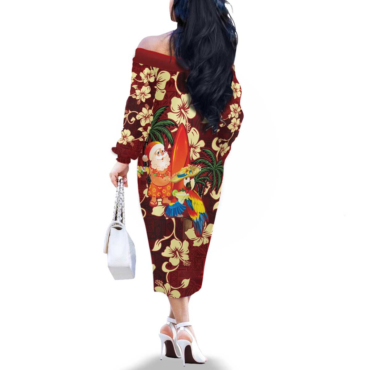 Crimson Red Tropical Christmas Hawaii Tapa Family Matching Off The Shoulder Long Sleeve Dress and Hawaiian Shirt Aloha Santa Drink Party LT7 - Polynesian Pride