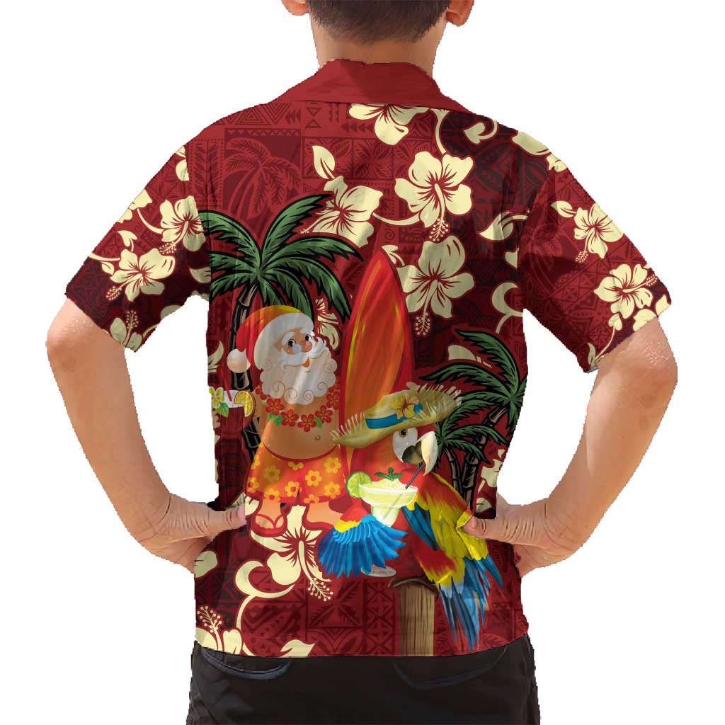 Crimson Red Tropical Christmas Hawaii Tapa Family Matching Off Shoulder Maxi Dress and Hawaiian Shirt Aloha Santa Drink Party LT7 - Polynesian Pride