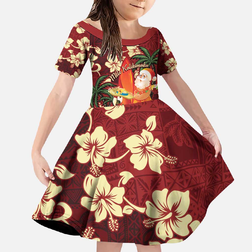 Crimson Red Tropical Christmas Hawaii Tapa Family Matching Off Shoulder Maxi Dress and Hawaiian Shirt Aloha Santa Drink Party LT7 Daughter's Dress Red - Polynesian Pride