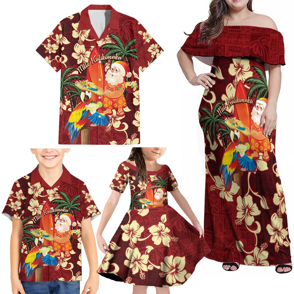Crimson Red Tropical Christmas Hawaii Tapa Family Matching Off Shoulder Maxi Dress and Hawaiian Shirt Aloha Santa Drink Party LT7 - Polynesian Pride