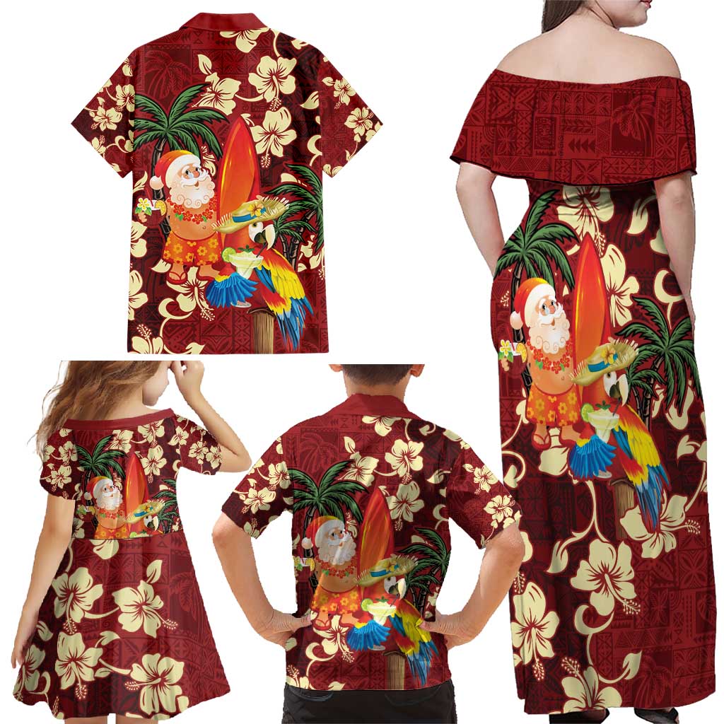 Crimson Red Tropical Christmas Hawaii Tapa Family Matching Off Shoulder Maxi Dress and Hawaiian Shirt Aloha Santa Drink Party LT7 - Polynesian Pride