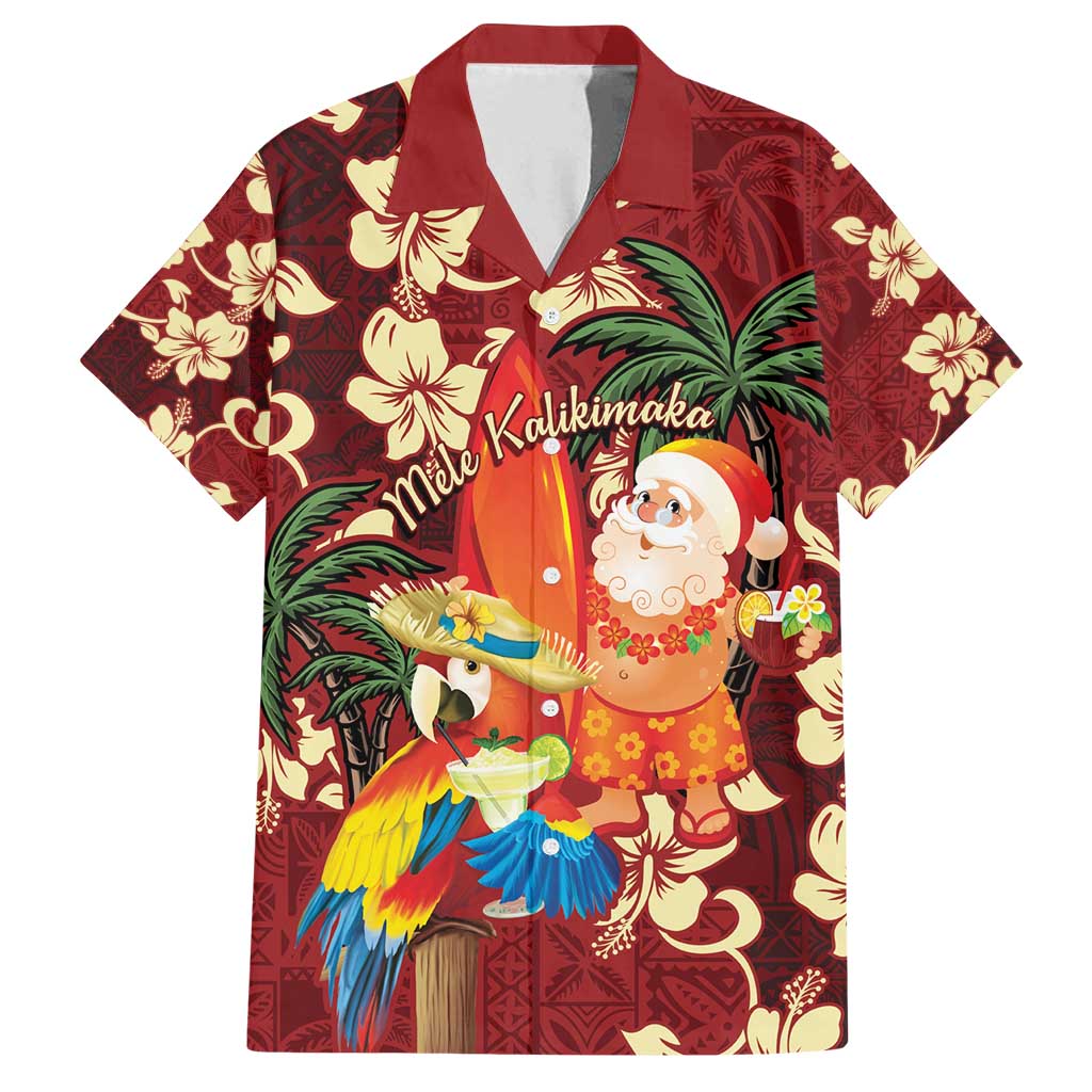 Crimson Red Tropical Christmas Hawaii Tapa Family Matching Off Shoulder Maxi Dress and Hawaiian Shirt Aloha Santa Drink Party LT7 Dad's Shirt - Short Sleeve Red - Polynesian Pride