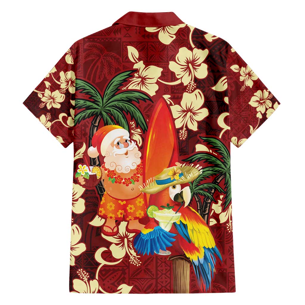 Crimson Red Tropical Christmas Hawaii Tapa Family Matching Off Shoulder Maxi Dress and Hawaiian Shirt Aloha Santa Drink Party LT7 - Polynesian Pride