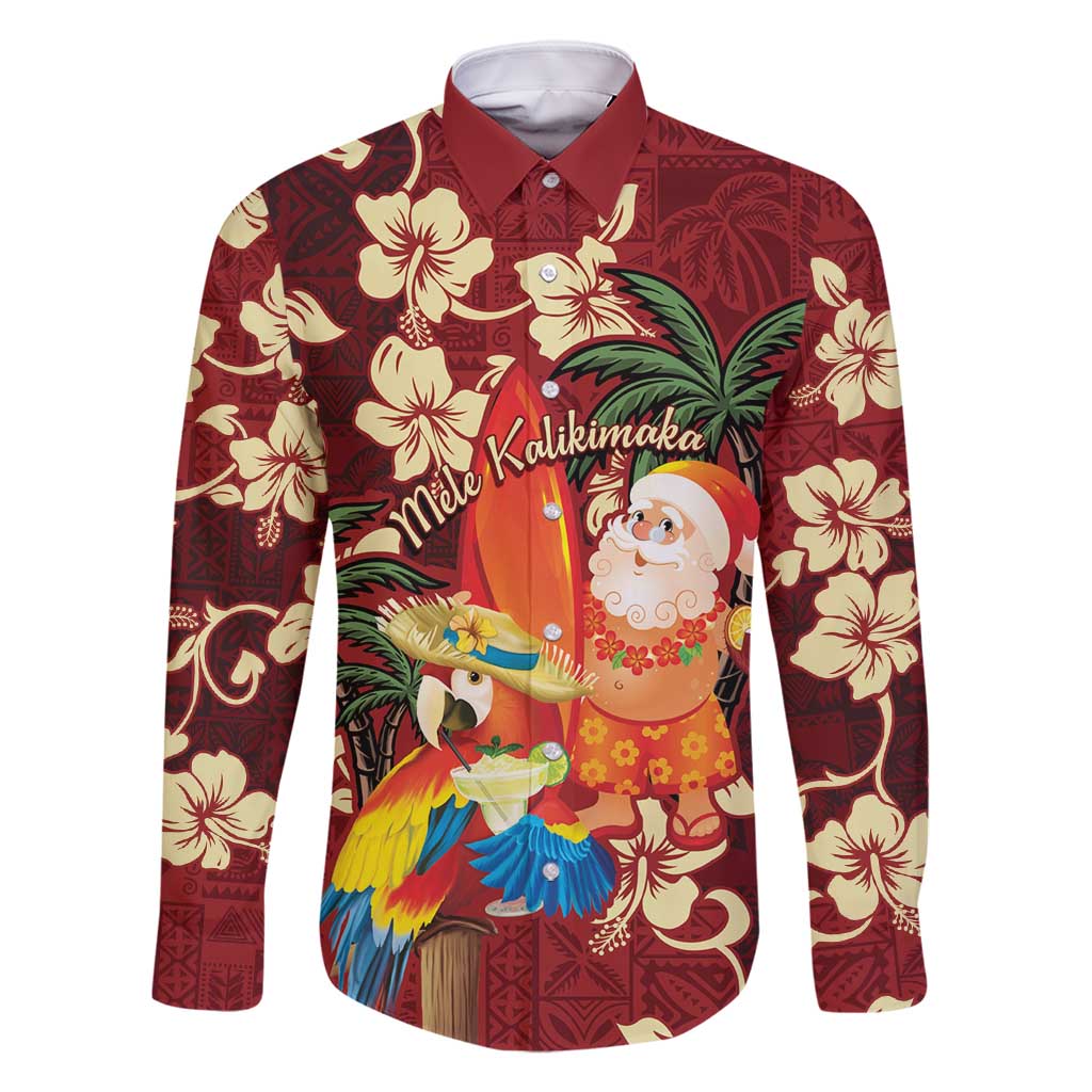 Crimson Red Tropical Christmas Hawaii Tapa Family Matching Off Shoulder Maxi Dress and Hawaiian Shirt Aloha Santa Drink Party LT7 Dad's Shirt - Long Sleeve Red - Polynesian Pride