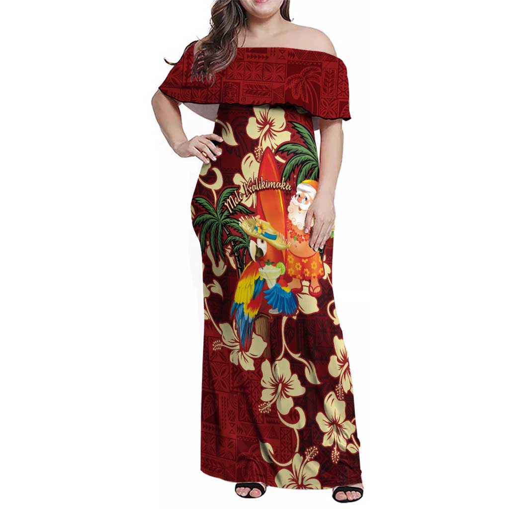 Crimson Red Tropical Christmas Hawaii Tapa Family Matching Off Shoulder Maxi Dress and Hawaiian Shirt Aloha Santa Drink Party LT7 Mom's Dress Red - Polynesian Pride