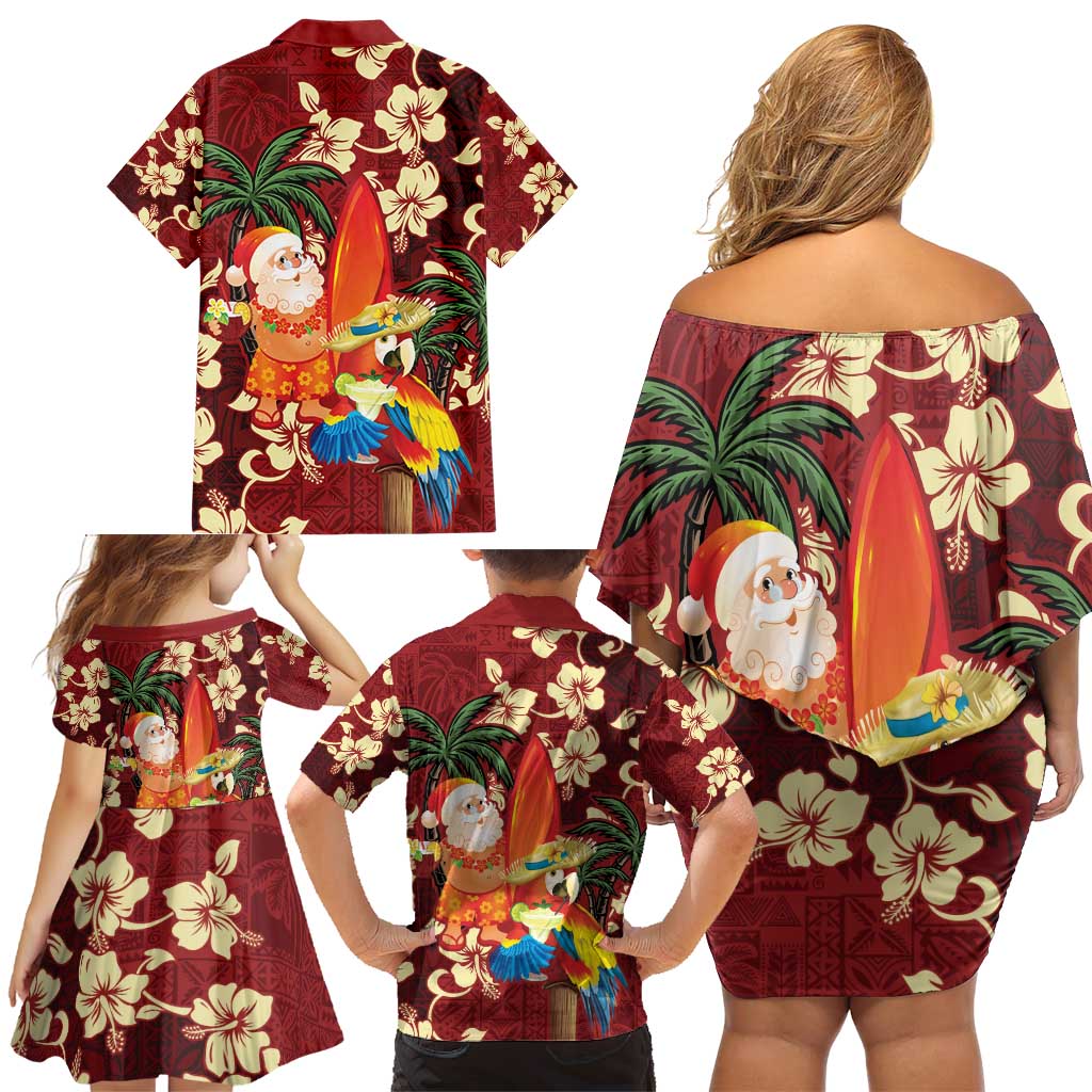 Crimson Red Tropical Christmas Hawaii Tapa Family Matching Off Shoulder Short Dress and Hawaiian Shirt Aloha Santa Drink Party LT7 - Polynesian Pride