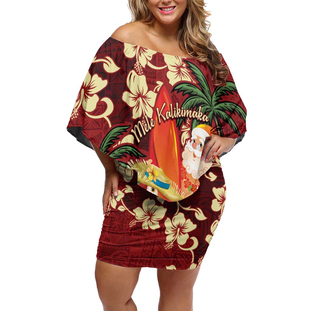 Crimson Red Tropical Christmas Hawaii Tapa Family Matching Off Shoulder Short Dress and Hawaiian Shirt Aloha Santa Drink Party LT7 Mom's Dress Red - Polynesian Pride