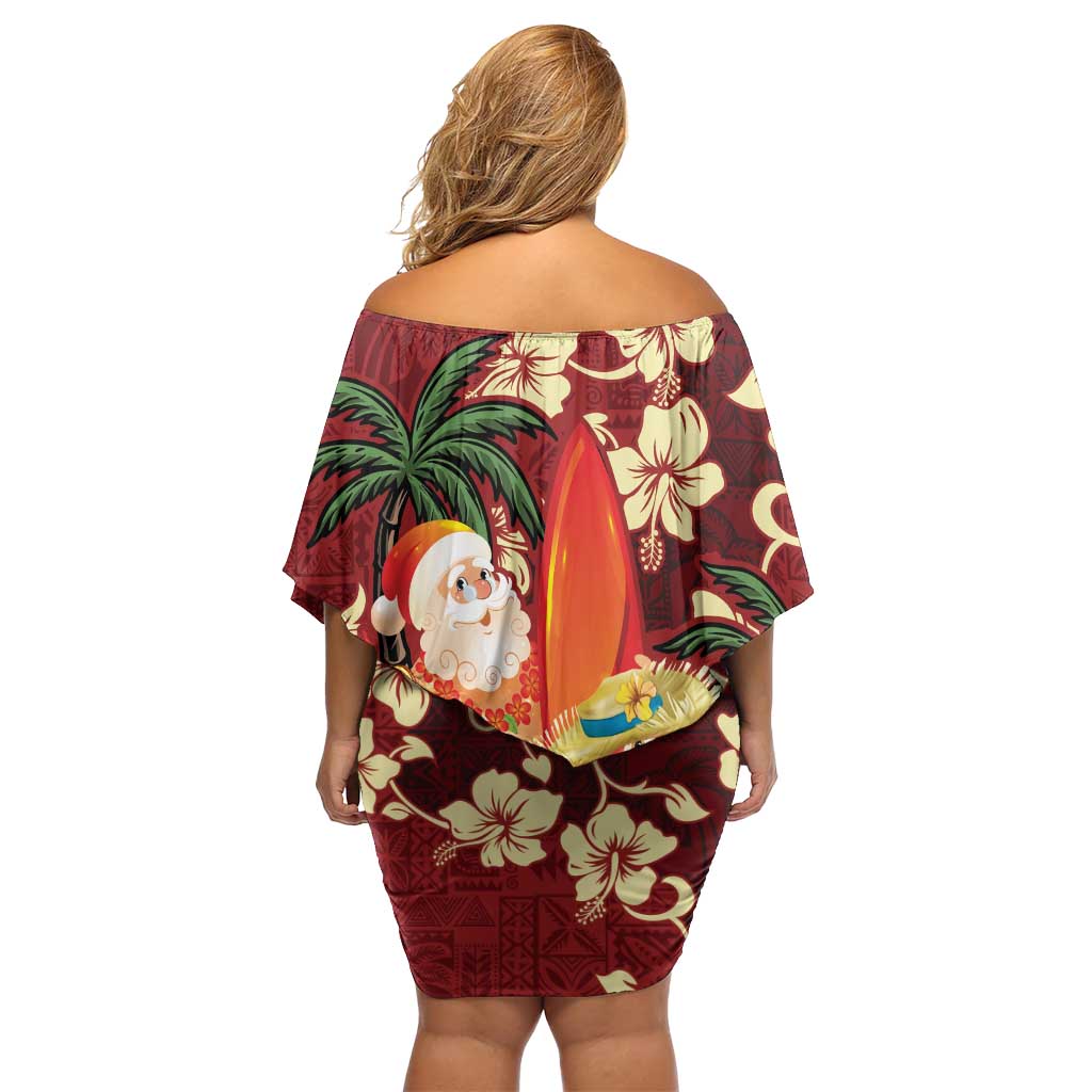 Crimson Red Tropical Christmas Hawaii Tapa Family Matching Off Shoulder Short Dress and Hawaiian Shirt Aloha Santa Drink Party LT7 - Polynesian Pride