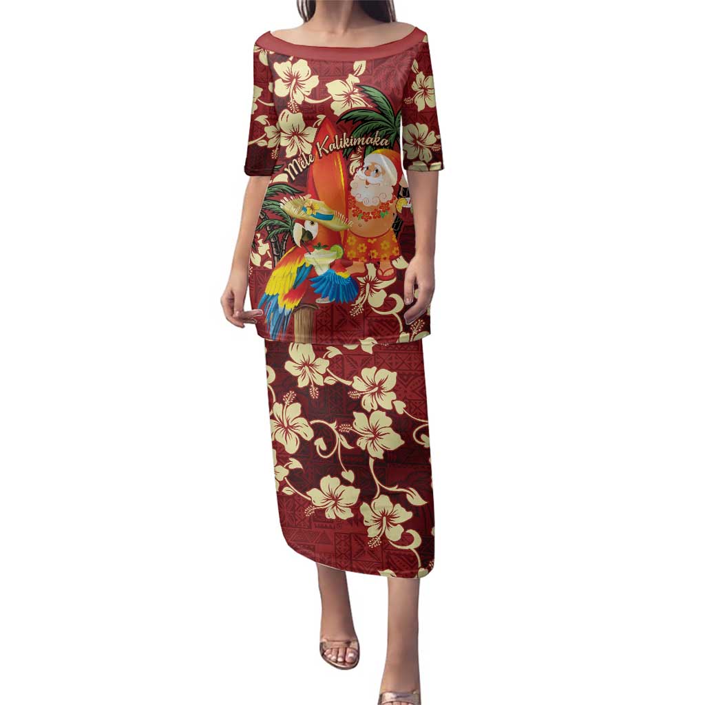 Crimson Red Tropical Christmas Hawaii Tapa Family Matching Puletasi and Hawaiian Shirt Aloha Santa Drink Party LT7 Mom's Dress Red - Polynesian Pride