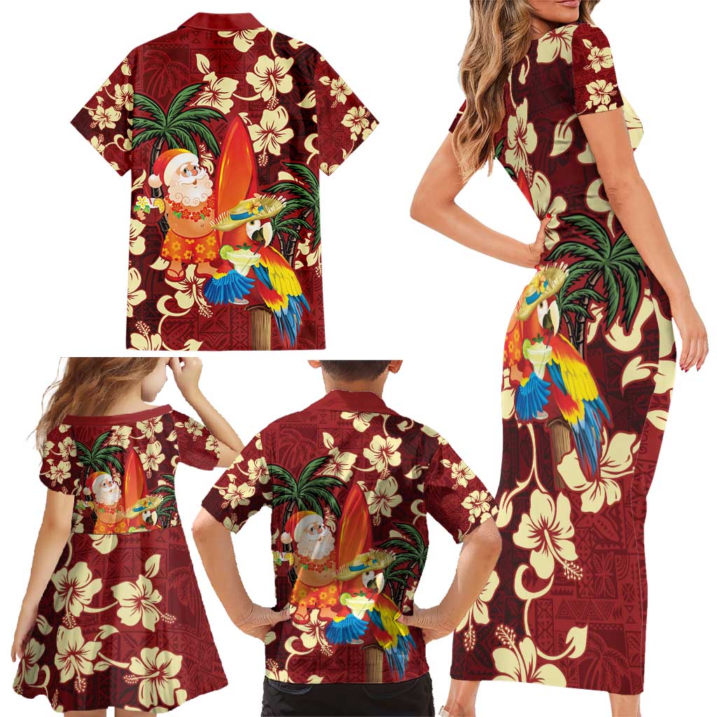 Crimson Red Tropical Christmas Hawaii Tapa Family Matching Short Sleeve Bodycon Dress and Hawaiian Shirt Aloha Santa Drink Party LT7 - Polynesian Pride