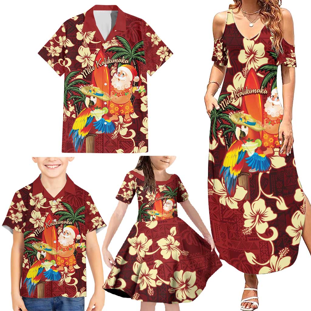 Crimson Red Tropical Christmas Hawaii Tapa Family Matching Summer Maxi Dress and Hawaiian Shirt Aloha Santa Drink Party LT7 - Polynesian Pride