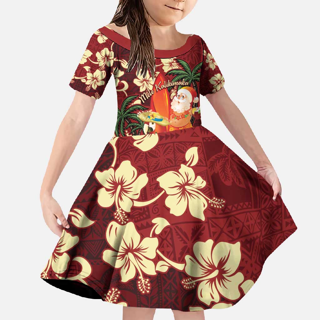 Crimson Red Tropical Christmas Hawaii Tapa Family Matching Tank Maxi Dress and Hawaiian Shirt Aloha Santa Drink Party LT7 Daughter's Dress Red - Polynesian Pride