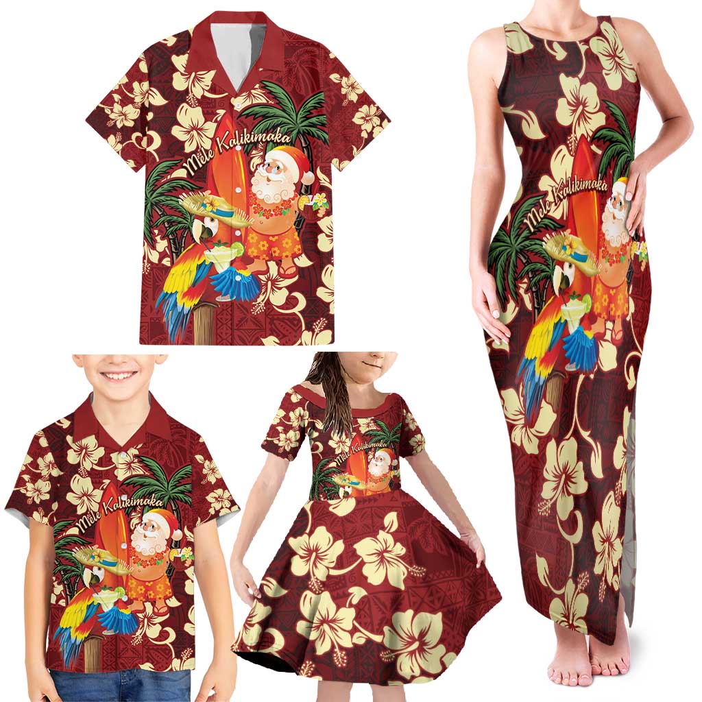 Crimson Red Tropical Christmas Hawaii Tapa Family Matching Tank Maxi Dress and Hawaiian Shirt Aloha Santa Drink Party LT7 - Polynesian Pride