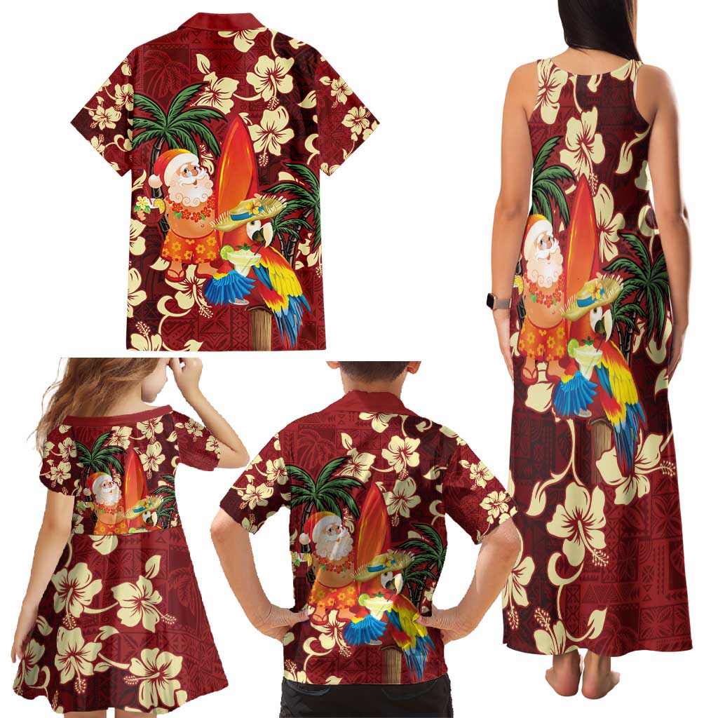 Crimson Red Tropical Christmas Hawaii Tapa Family Matching Tank Maxi Dress and Hawaiian Shirt Aloha Santa Drink Party LT7 - Polynesian Pride