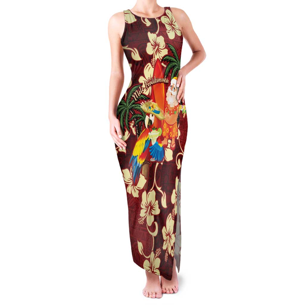 Crimson Red Tropical Christmas Hawaii Tapa Family Matching Tank Maxi Dress and Hawaiian Shirt Aloha Santa Drink Party LT7 Mom's Dress Red - Polynesian Pride