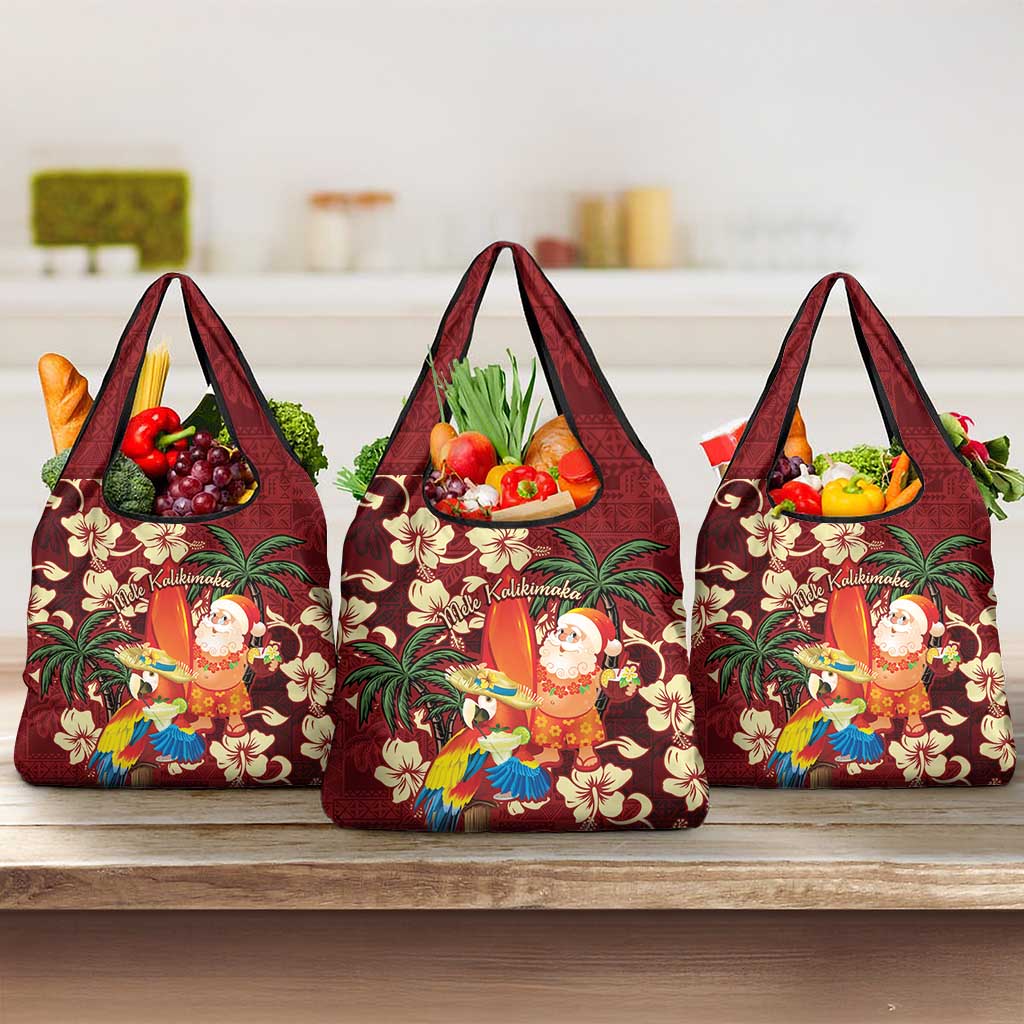Crimson Red Tropical Christmas Hawaii Tapa Grocery Bag Aloha Santa Drink Party - Polynesian Pride