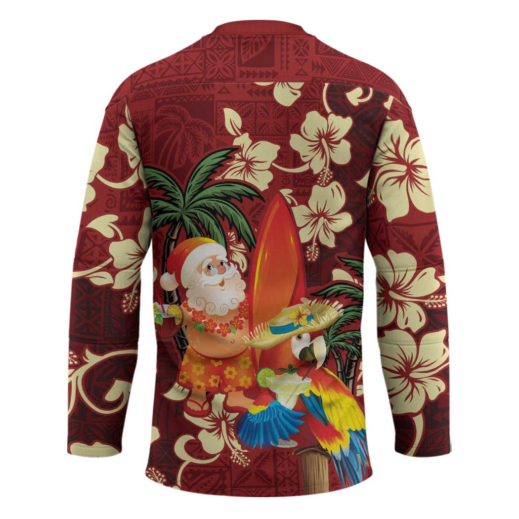 Crimson Red Tropical Christmas Hawaii Tapa Hockey Jersey Aloha Santa Drink Party - Polynesian Pride