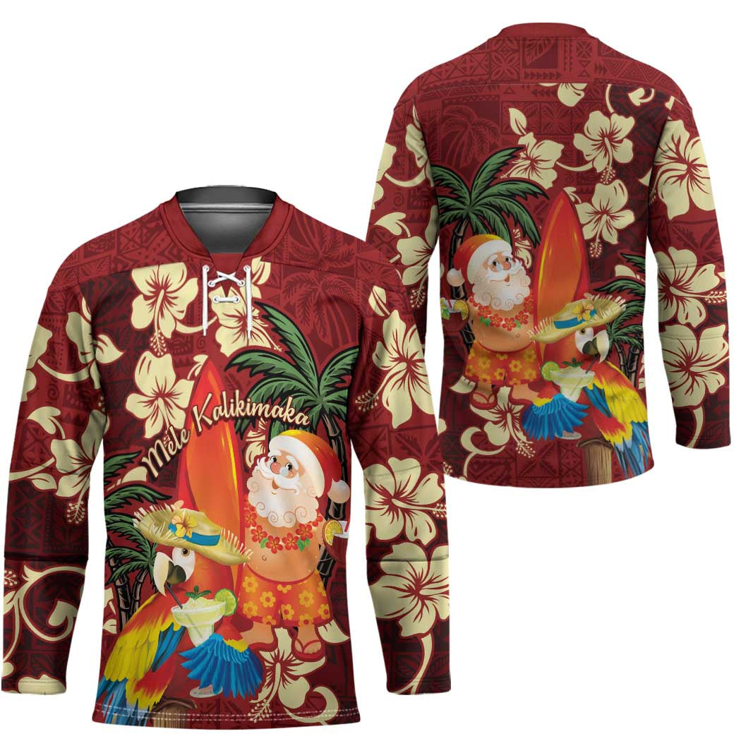 Crimson Red Tropical Christmas Hawaii Tapa Hockey Jersey Aloha Santa Drink Party - Polynesian Pride