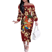 Crimson Red Tropical Christmas Hawaii Tapa Off The Shoulder Long Sleeve Dress Aloha Santa Drink Party - Polynesian Pride