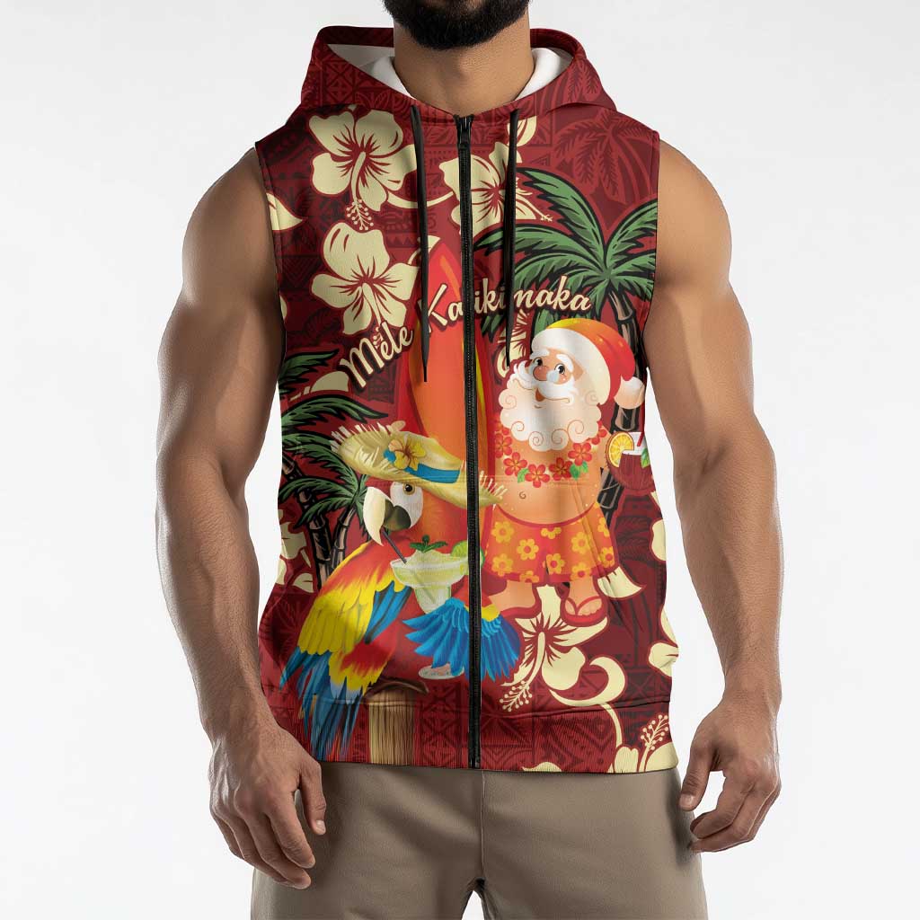 Crimson Red Tropical Christmas Hawaii Tapa Sleeveless Zip Hoodie Aloha Santa Drink Party - Polynesian Pride