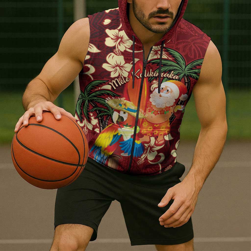 Crimson Red Tropical Christmas Hawaii Tapa Sleeveless Zip Hoodie Aloha Santa Drink Party - Polynesian Pride