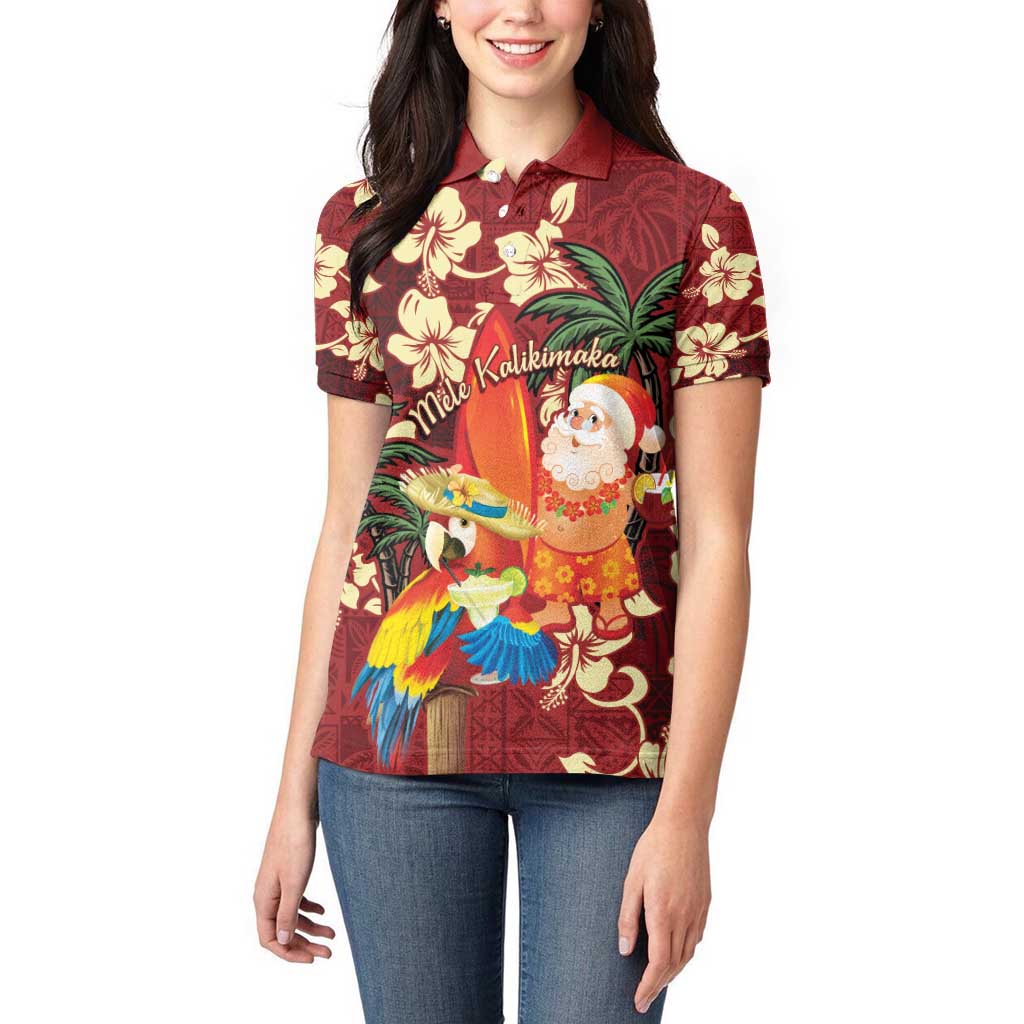 Crimson Red Tropical Christmas Hawaii Tapa Women Polo Shirt Aloha Santa Drink Party - Polynesian Pride