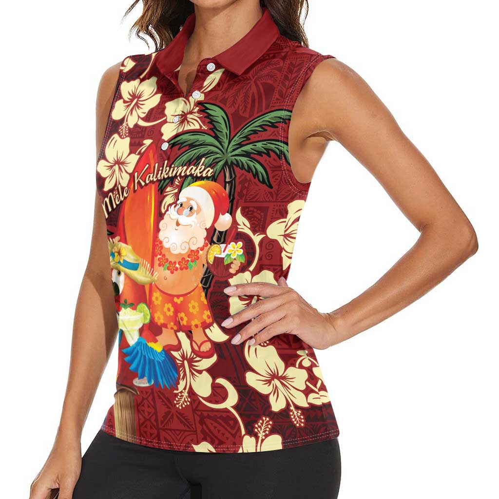 Crimson Red Tropical Christmas Hawaii Tapa Women Sleeveless Polo Shirt Aloha Santa Drink Party LT7 - Polynesian Pride