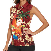 Crimson Red Tropical Christmas Hawaii Tapa Women Sleeveless Polo Shirt Aloha Santa Drink Party LT7 - Polynesian Pride